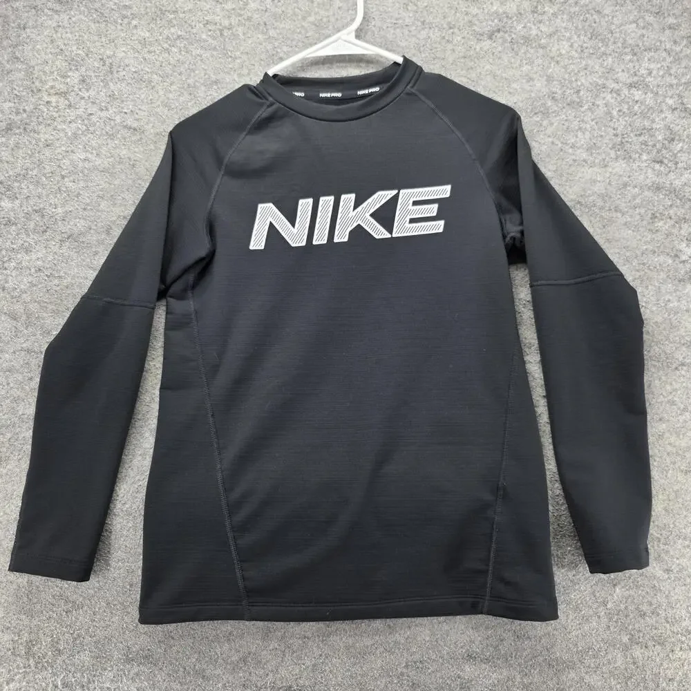 Nike Pro Shirt Boys L Black Long Sleeve Dri-FIT Crew Neck Moisture Wicking